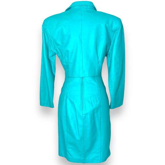 Vintage 80s Yucatan Bay Teal 2 Piece Leather Mini Skirt Jacket Matching Suit Set - Picture 6 of 11
